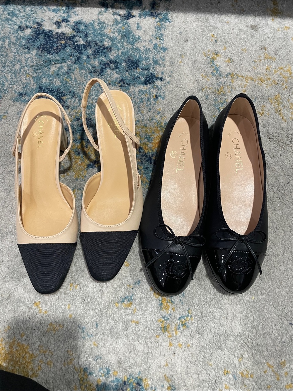Two-Tone Slingback cap toe heels & Black Patent Cap-Toe Ballet Flats